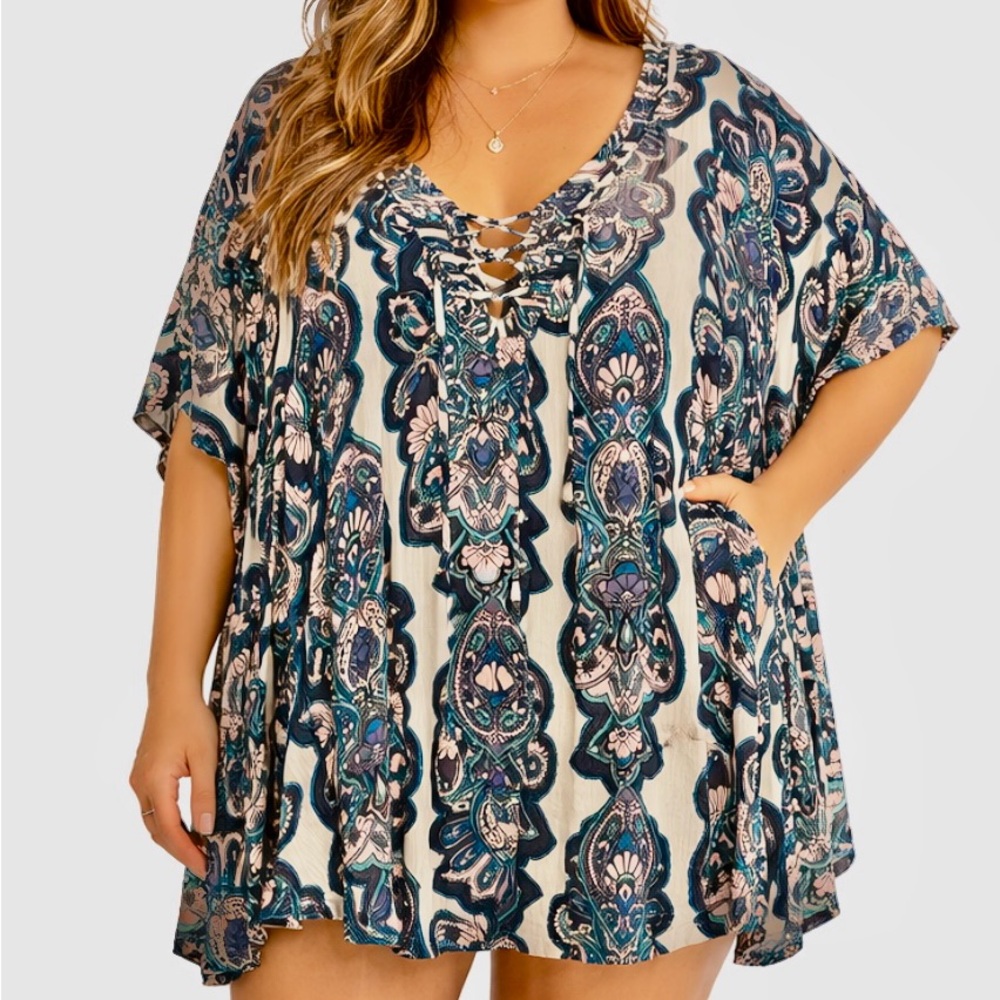 RAISINS CURVE Boho Medallion Print Blue White Hooded Lace Up Swim Cover Up Tunic